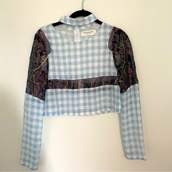 Vivienne Hu Blouse Top Gingham Lace Long Sleeve Choker Blue White Black Small - Picture 1 of 6